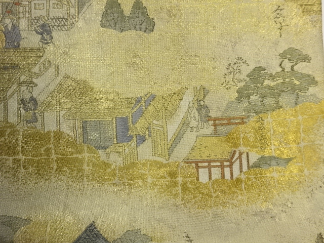  雲取りに城下町・時代人物模様織出し丸帯